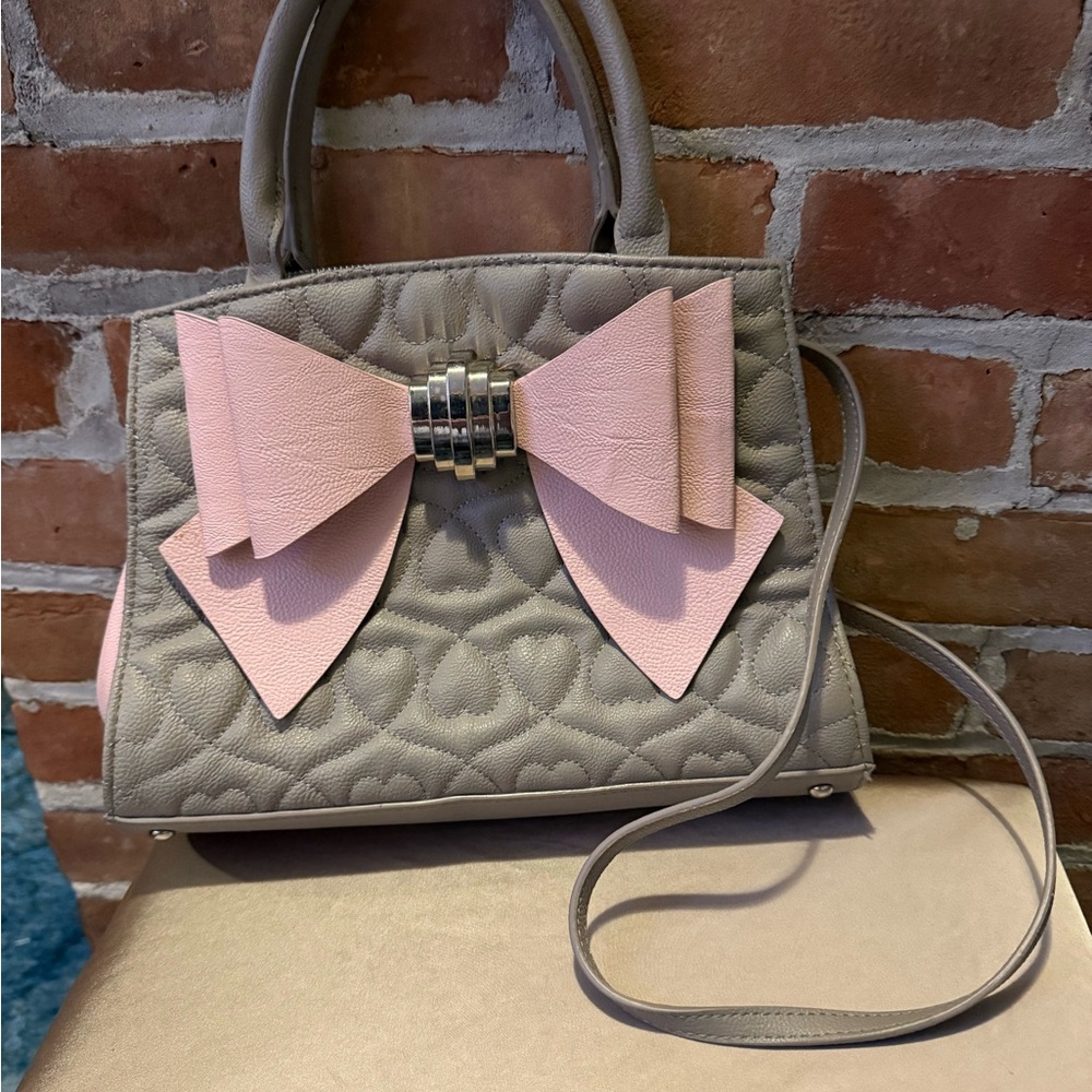 Betsey Johnson Pink and Gray Quilted Satchel with Bow